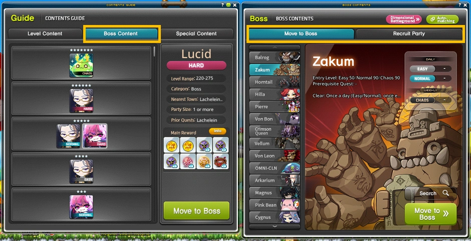 Maple Guide boss tab and Boss interface.