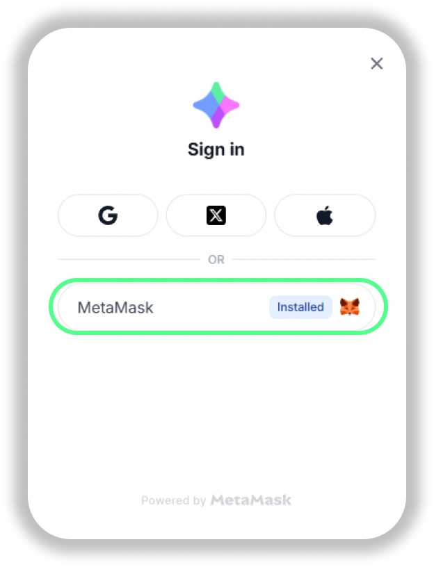 Social sign-in and MetaMask wallet choices.