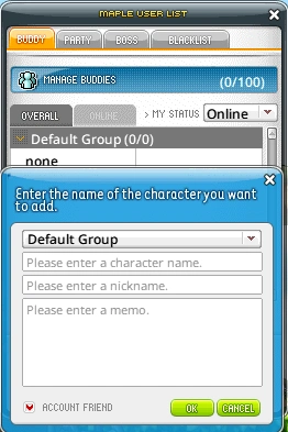 Friend request form with Account Friend option.