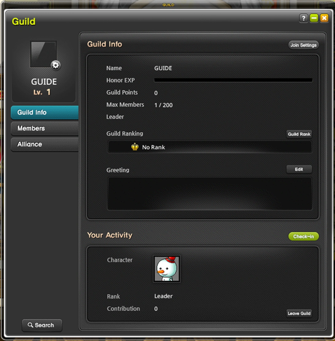 Guild information, membership and activity panel.