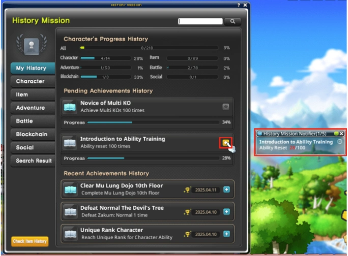 History Mission panel and pinned mission notifier.