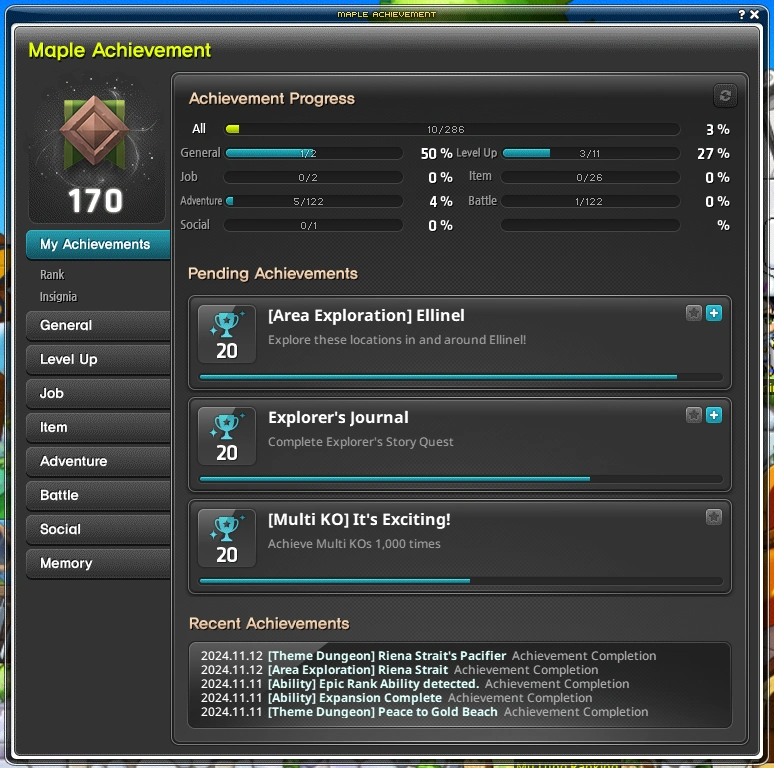 Maple Achievement progress and category overview.